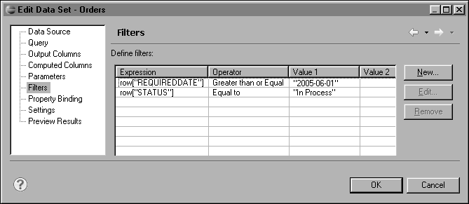 Figure 11-4 Edit Data Set displaying the filter conditions for the data set