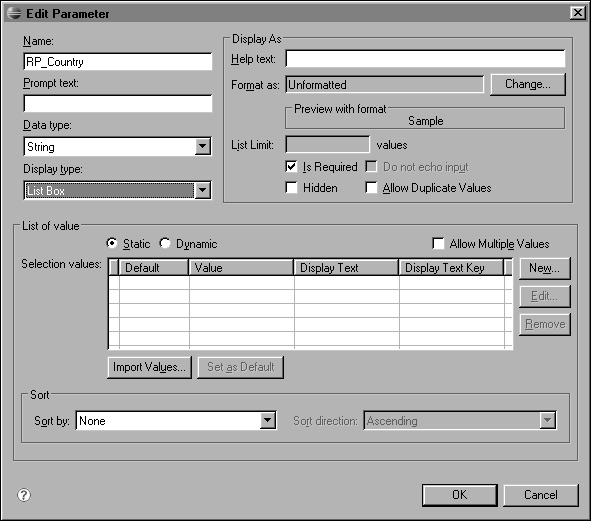 Figure 16-14 Selection values field and Import Values button in Edit Parameter