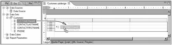 Figure 1-15 Dragging a column from Data Explorer, and dropping it in a table cell