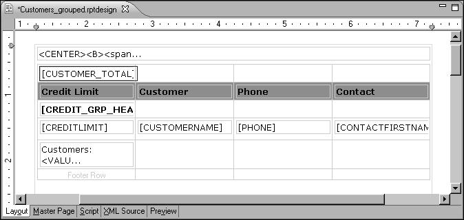 Figure 8-21 Report design showing a total count for customers