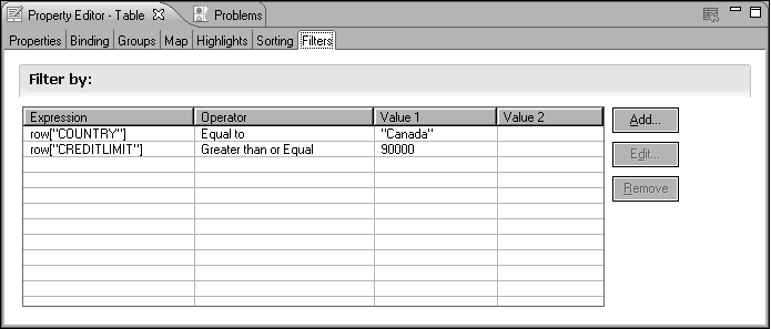 Figure 11-7 Filter conditions for a table
