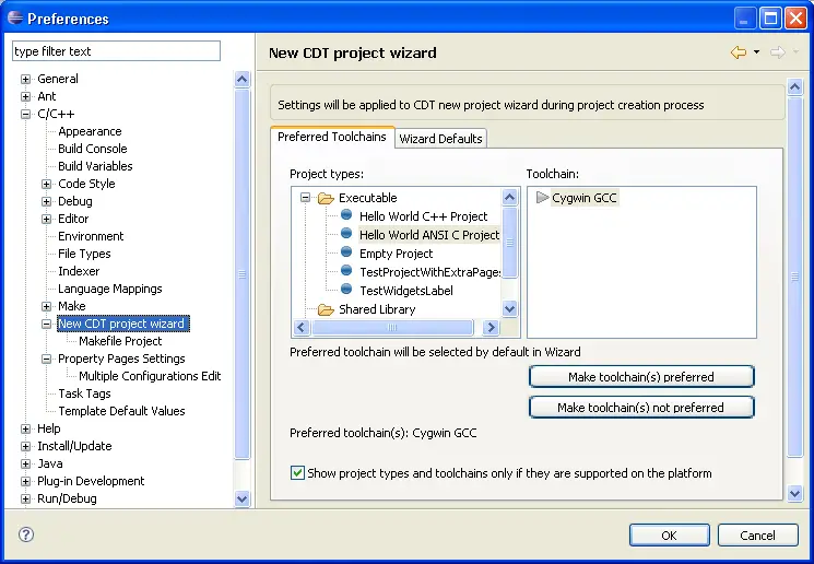 CDT Project Wizard Toolchains