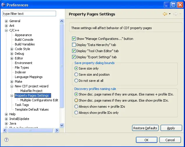 Property Pages Settings preferences tab