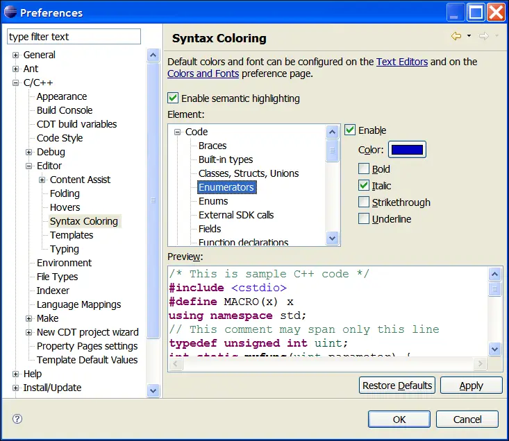 Syntax Coloring Preferences Page