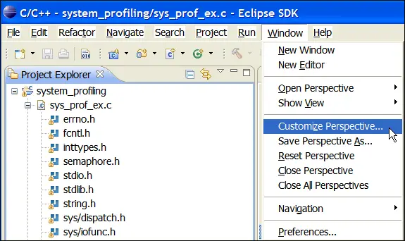 Window - Customize Perspective menu selection