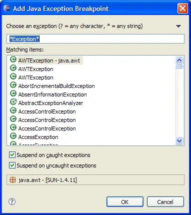 Add Java Exception Breakpoint Dialog