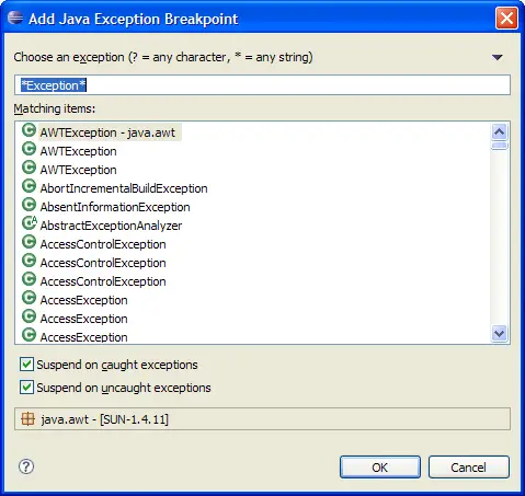 Add Exception Breakpoint Dialog