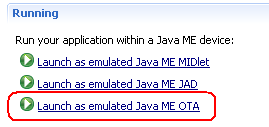 Picture showing the Launch as emulated Java ME OTA option in the Application Descriptor editor