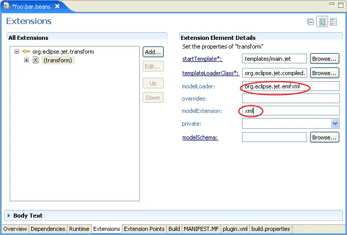 Image of plug-in editor showing setting of 'modelLoader' and 'modelExtension' attributes.