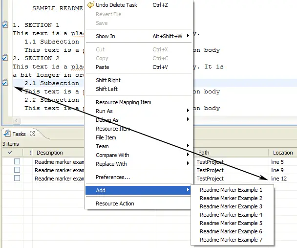 Readme editor with readme markers on left side ruler