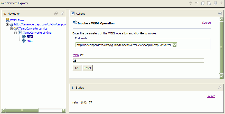 Screen capture of an invoked WSDL operation showing the result in the Status pane