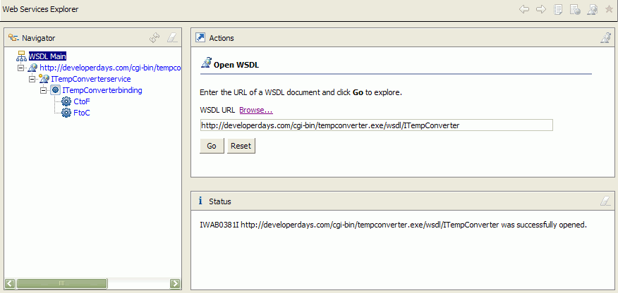 Screen capture of the WSDL Main pane of the Web Services Explorer