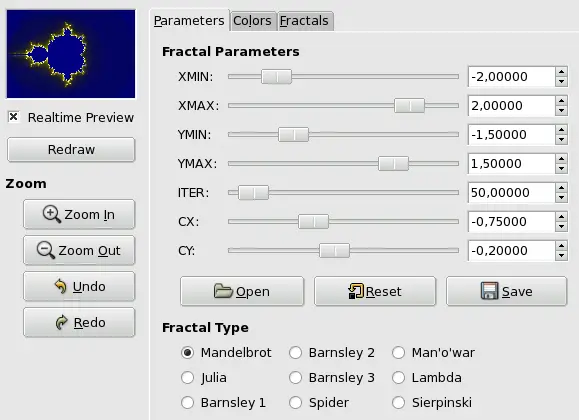 "Parameters" options for Fractal Explorer filter