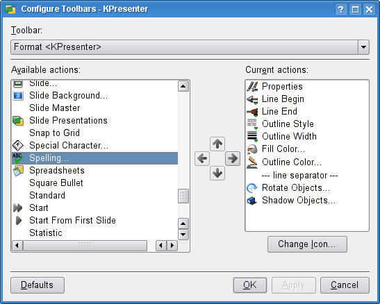 Configuring KPresenter toolbars