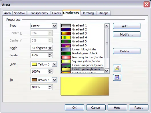 Gradients page of the Area dialog