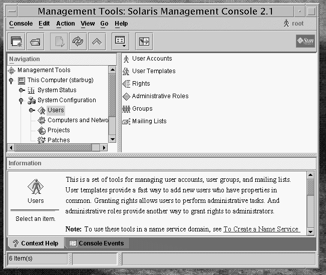 Simple screen capture shows the Users tool icon selected in the Solaris Management Console. Shows the Navigation, View, and Information panes.