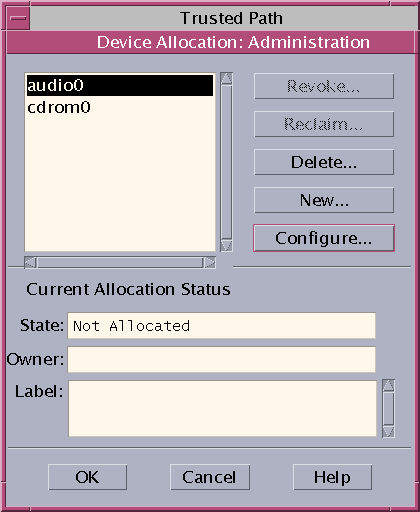 Dialog box titled Device Allocation Administration shows a list of devices and status. Shows the Revoke, Reclaim, New, and Configure buttons.