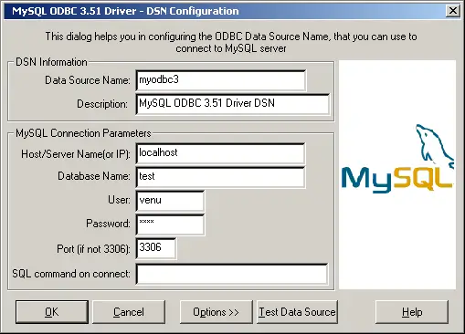 Filled-In MySQL ODBC DSN
              Configuration Dialog